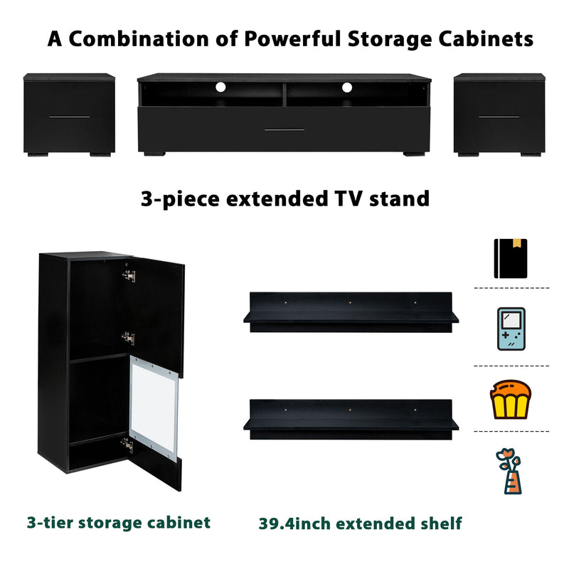 On-Trend Extended, Minimalist Style 7 Pieces Floating TV Stand Set, High Gloss Wall Mounted Entertainment Center With 16 - Color LED Light Strips For 90 /" TV, Black
