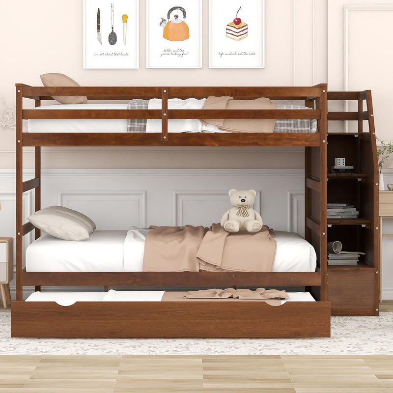 Full-Over-Full Bunk Bed With Twin Size Trundle And 3 Storage Stairs, Walnut