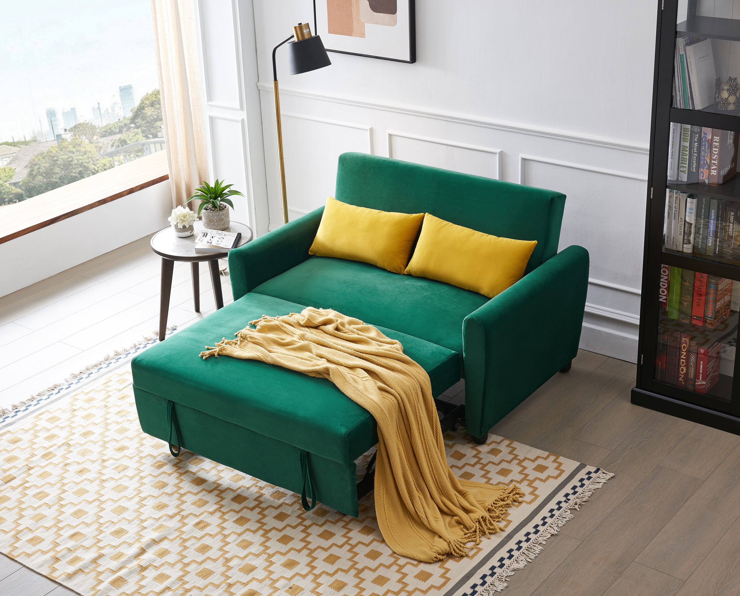 [VIDEO provided]55" Modern Velvet Sofa with Pull-Out Sleeper Bed with 2 Pillows Adjustable Backrest for Small Spaces Green - Atlantic Fine Furniture Inc
