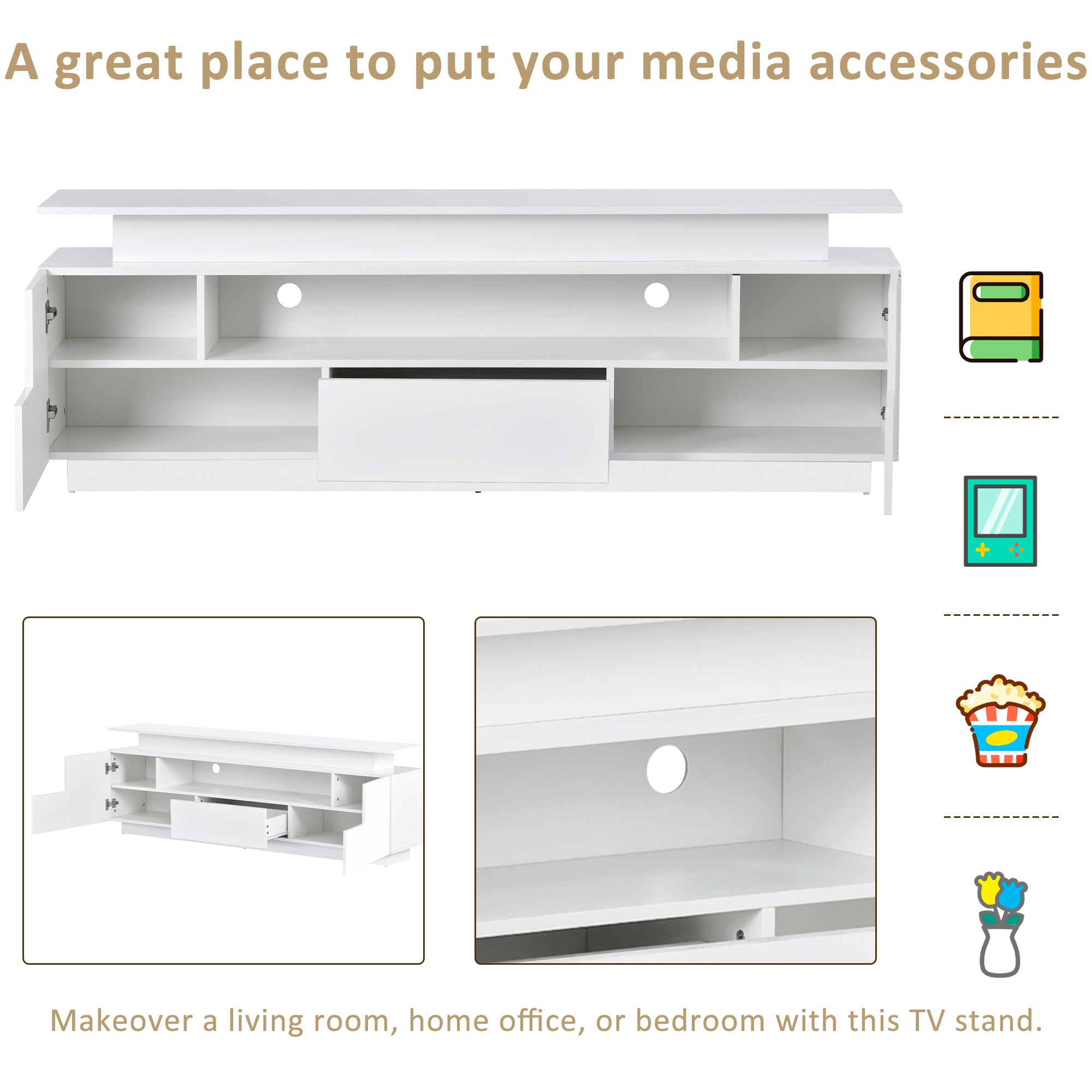 ON-TREND Modern, Stylish Functional TV stand with Color Changing LED Lights, Universal Entertainment Center, High Gloss TV Cabinet for 75+ inch TV, White - Atlantic Fine Furniture Inc