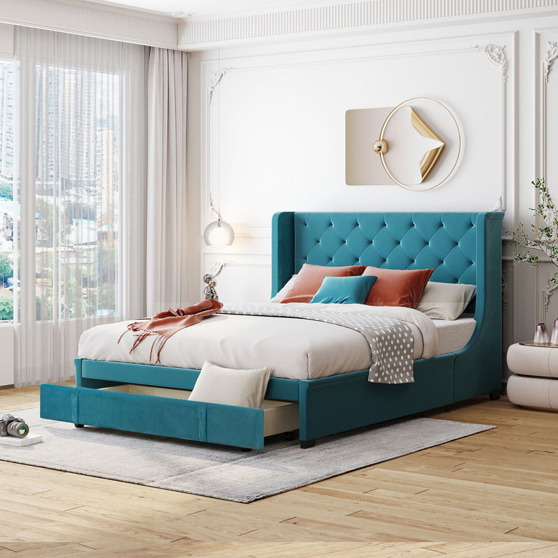 Queen Size Storage Bed Velvet Upholstered Platform Bed With Wingback Headboard And A Big Drawer (Blue)