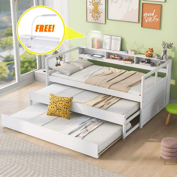 Twin Xl Wood Daybed With 2 Trundles, 3 Storage Cubbies, 1 Light For Free And Usb Charging Design, White