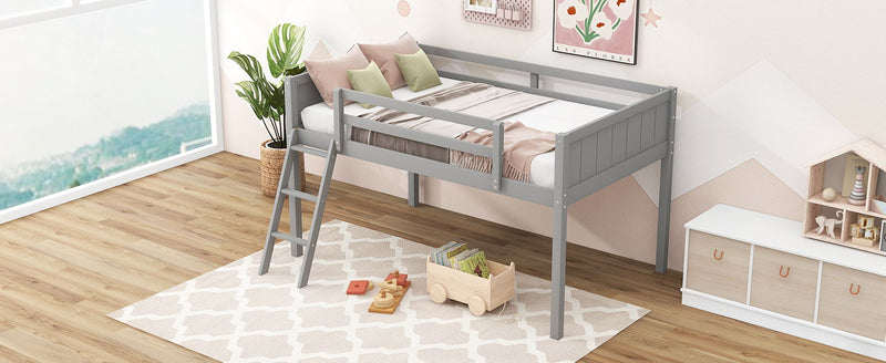 Twin Size Wood Loft Bed With Ladder, Ladder Can Be Placed On The Left Or Right, Gray
