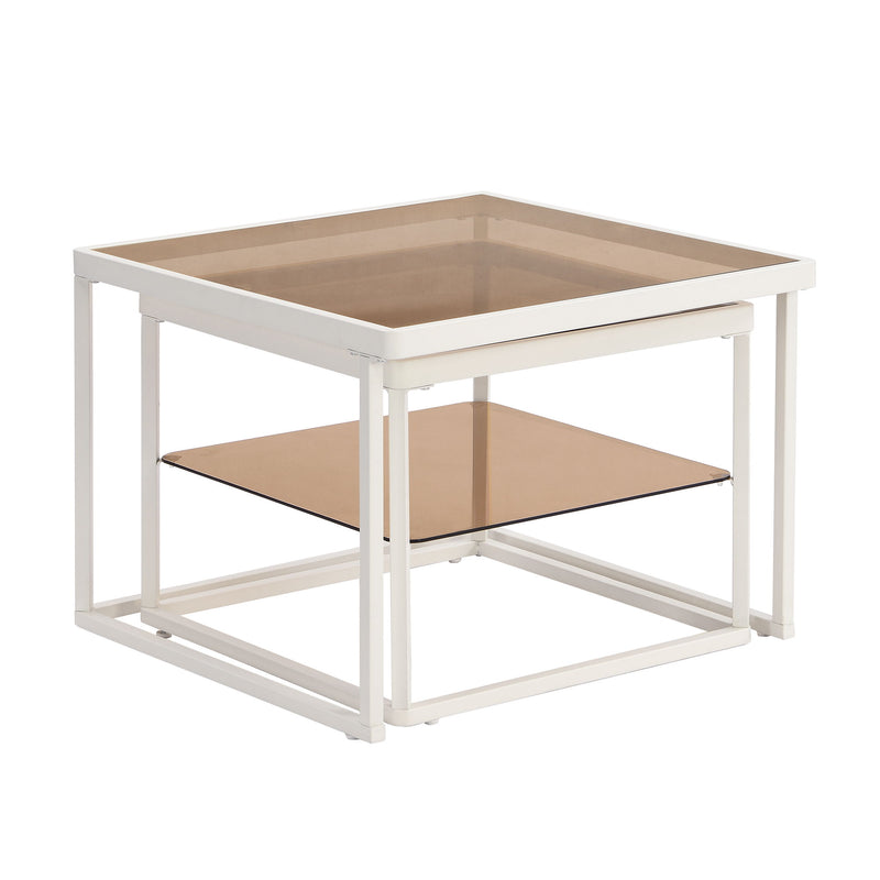 On-Trend Modern Nested Coffee Table Set With High-Low Combination Design, Brown Tempered Glass Cocktail Table With Metal Frame, Length Adjustable 2-Tier Center & End Table For Living Room, White