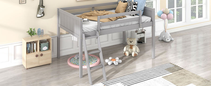 Twin Size Wood Low Loft Bed With Ladder, Ladder Can Be Placed On The Left Or Right, Gray
