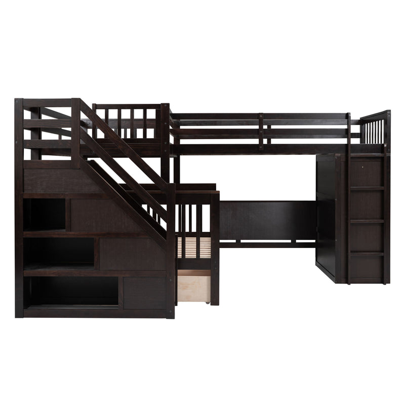 Twin-Twin Over Full L-Shaped Bunk Bed With 3 Drawers, Portable Desk And Wardrobe, Espresso