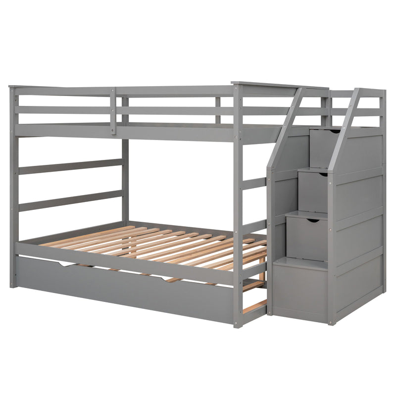 Full-Over-Full Bunk Bed With Twin Size Trundle And 3 Storage Stairs, Gray