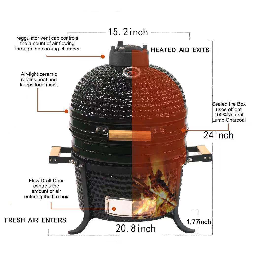 TOOPO 15 Inch Mini Kamado Grill Garden Ceramic Grills BBQ Smoker without Side Table-METTE BLACK - Atlantic Fine Furniture Inc