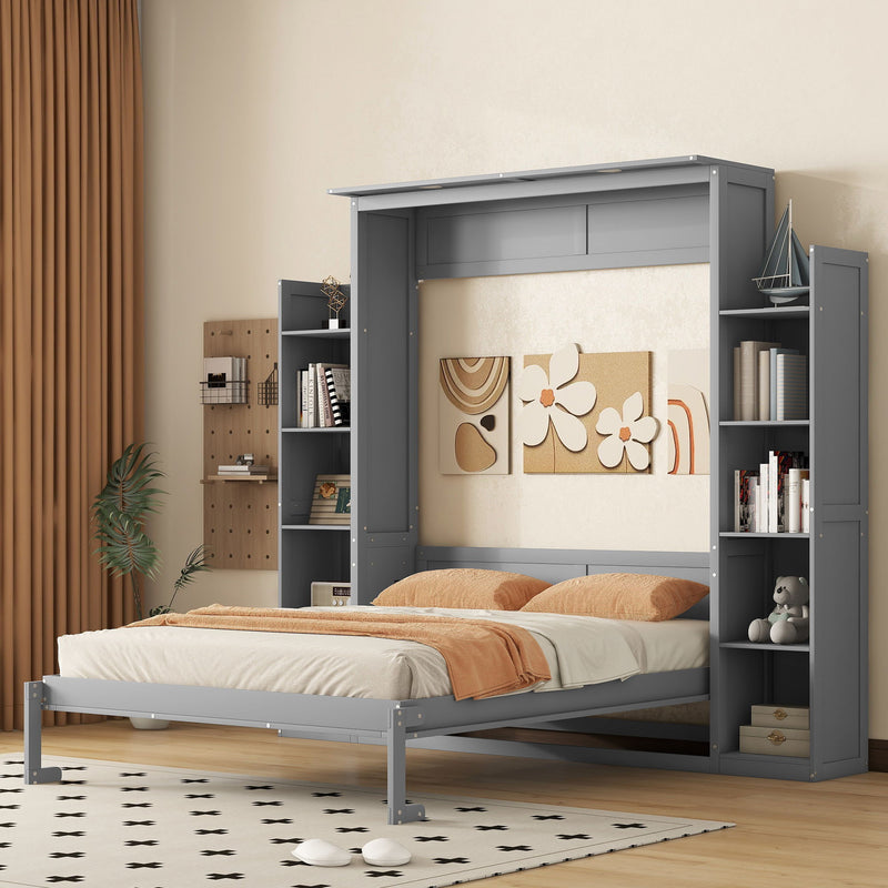 Queen Size Murphy Bed Wall Bed With Shelves And Led Lights, Gray