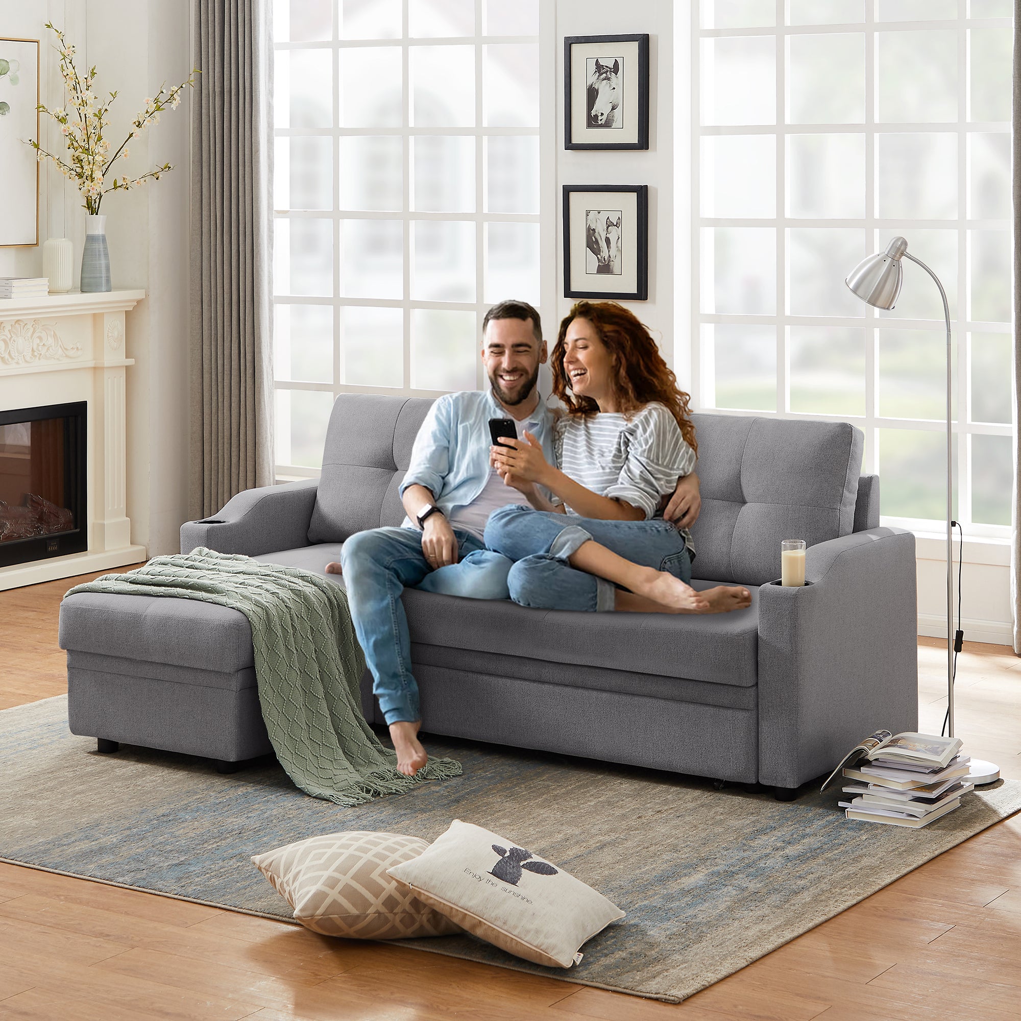 Orisfur. 81" Sleeper Sofa Bed Reversible Sectional Couch with Storage Chaise and Two Cup Holders for Living Room Furniture Set - Atlantic Fine Furniture Inc