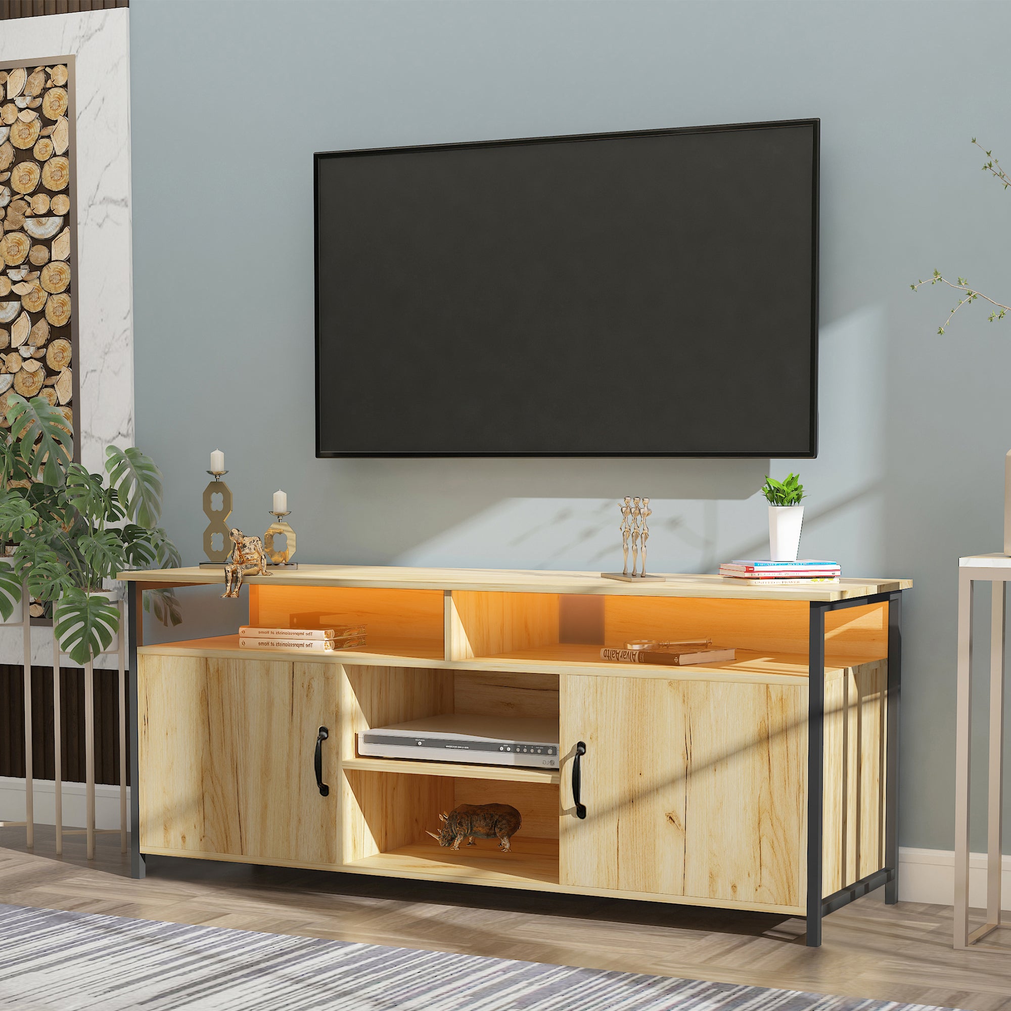 TV Stand ,Modern Wood Universal Media Console with Metal Legs, Home Living Room Furniture Entertainment Center,oak - Atlantic Fine Furniture Inc