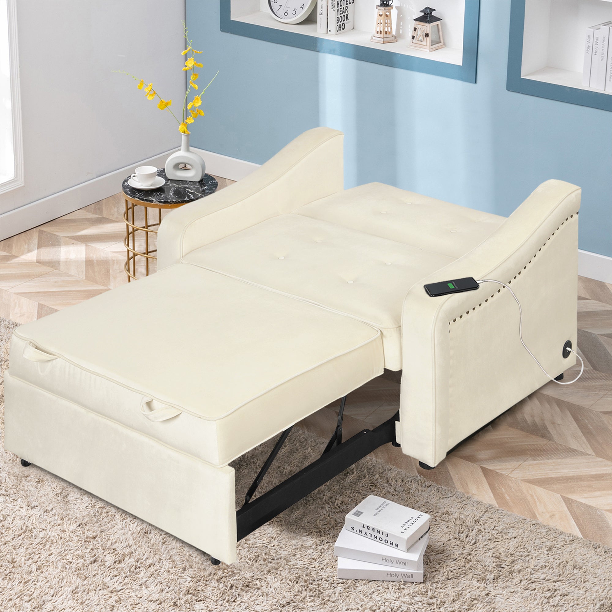 Orisfur. 50.6" Convertible Sleeper Bed, Adjustable Sofa Couch with Dual USB Ports for Living Room Space（Cream White） - Atlantic Fine Furniture Inc
