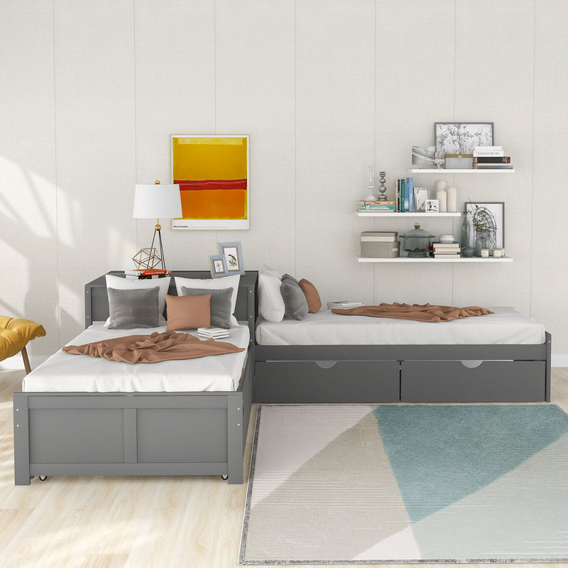 L Shaped Platform Bed With Trundle And Drawers Linked With Built In Desk, Twin, Gray