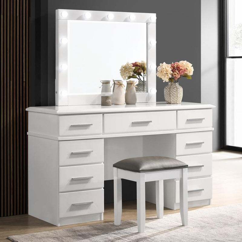 Felicity - 9-Drawer Vanity Desk With Lighted Mirror - Glossy White