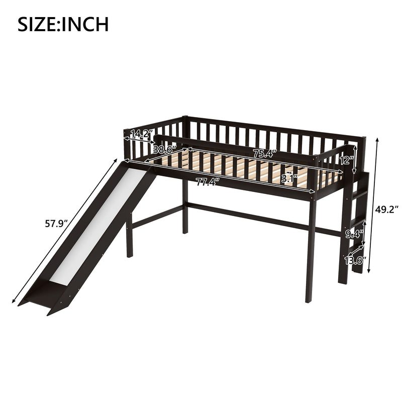 Twin Size Low Loft Bed With Ladder And Slide, Espresso