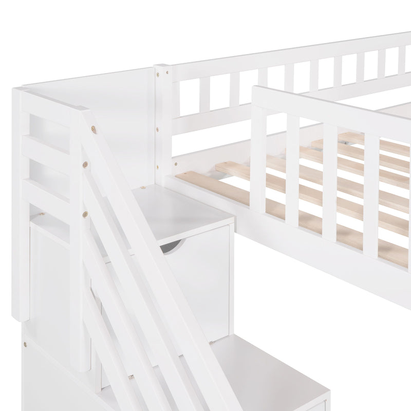 Stairway Twin Size Loft Bed With Two Drawers And Slide, White