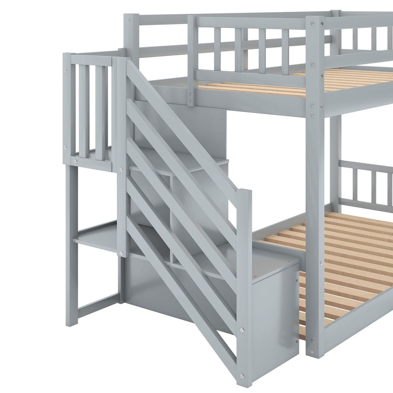 Twin Over Twin Floor Bunk Bed, Ladder With Storage, Gray