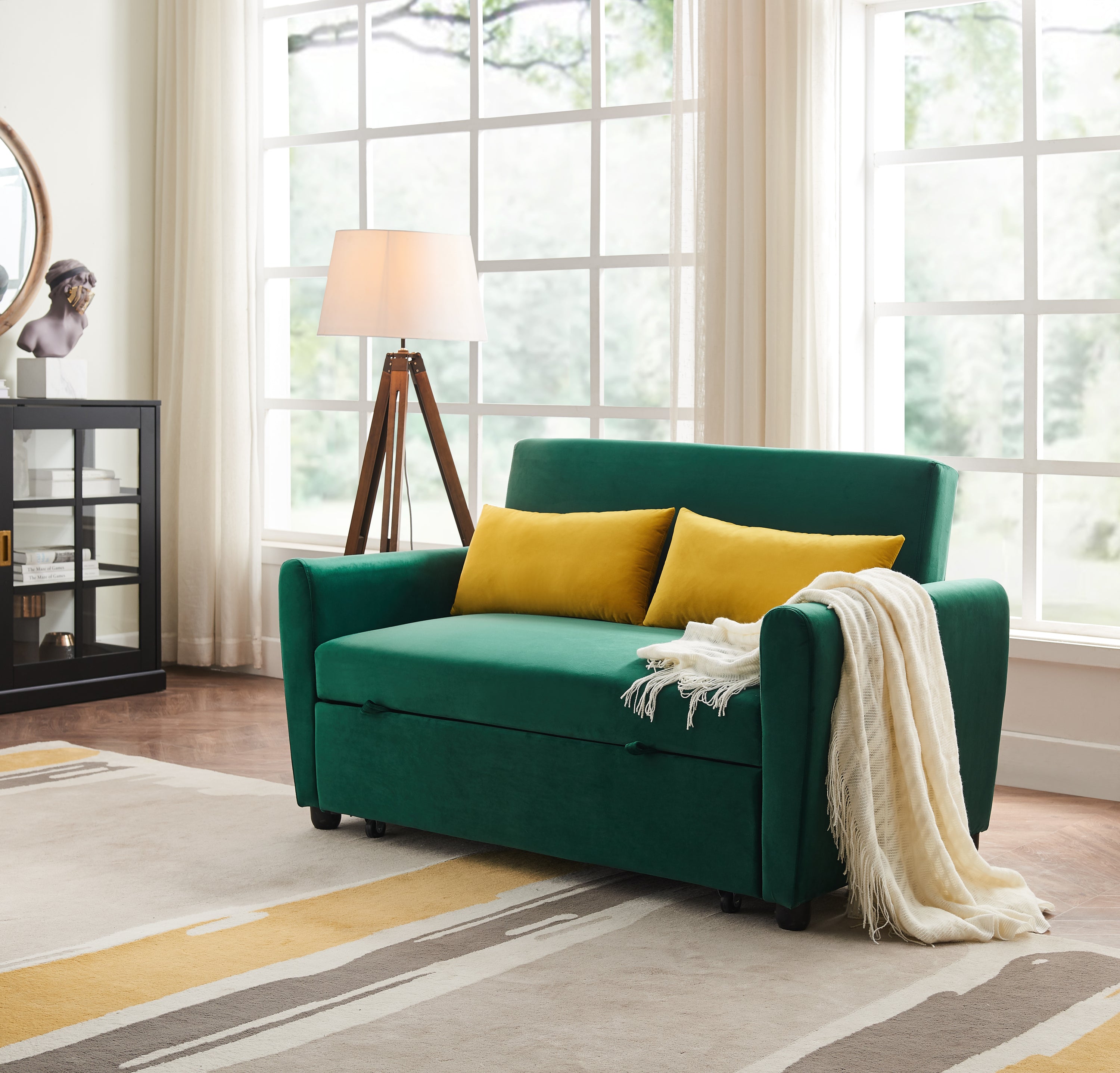 [VIDEO provided]55" Modern Velvet Sofa with Pull-Out Sleeper Bed with 2 Pillows Adjustable Backrest for Small Spaces Green - Atlantic Fine Furniture Inc