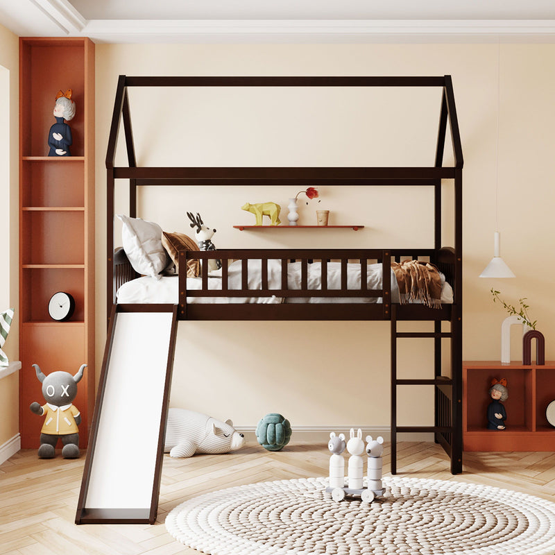 Twin Loft Bed With Slide, House Bed With Slide, Espresso