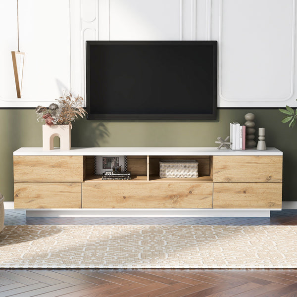 Modern TV Stand For TVs Up To 80'', Media Console With Multi-Functional Storage, Entertainment Center With Door Rebound Device, TV Cabinet For Living Room - White / Natural