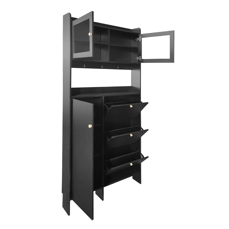 On-Trend Modernist Shoe Cabinet With Open Storage Space, Practical Hall Tree With 3 Flip Drawers, Multi-Functional & Integrated Foyer Cabinet With Tempered Glass Doors For Hallway, Black