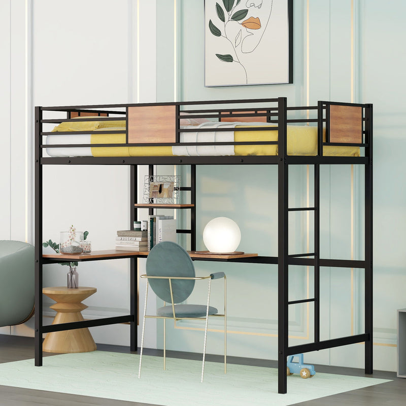 Twin Metal Loft Bed With Desk And Shelve - Black