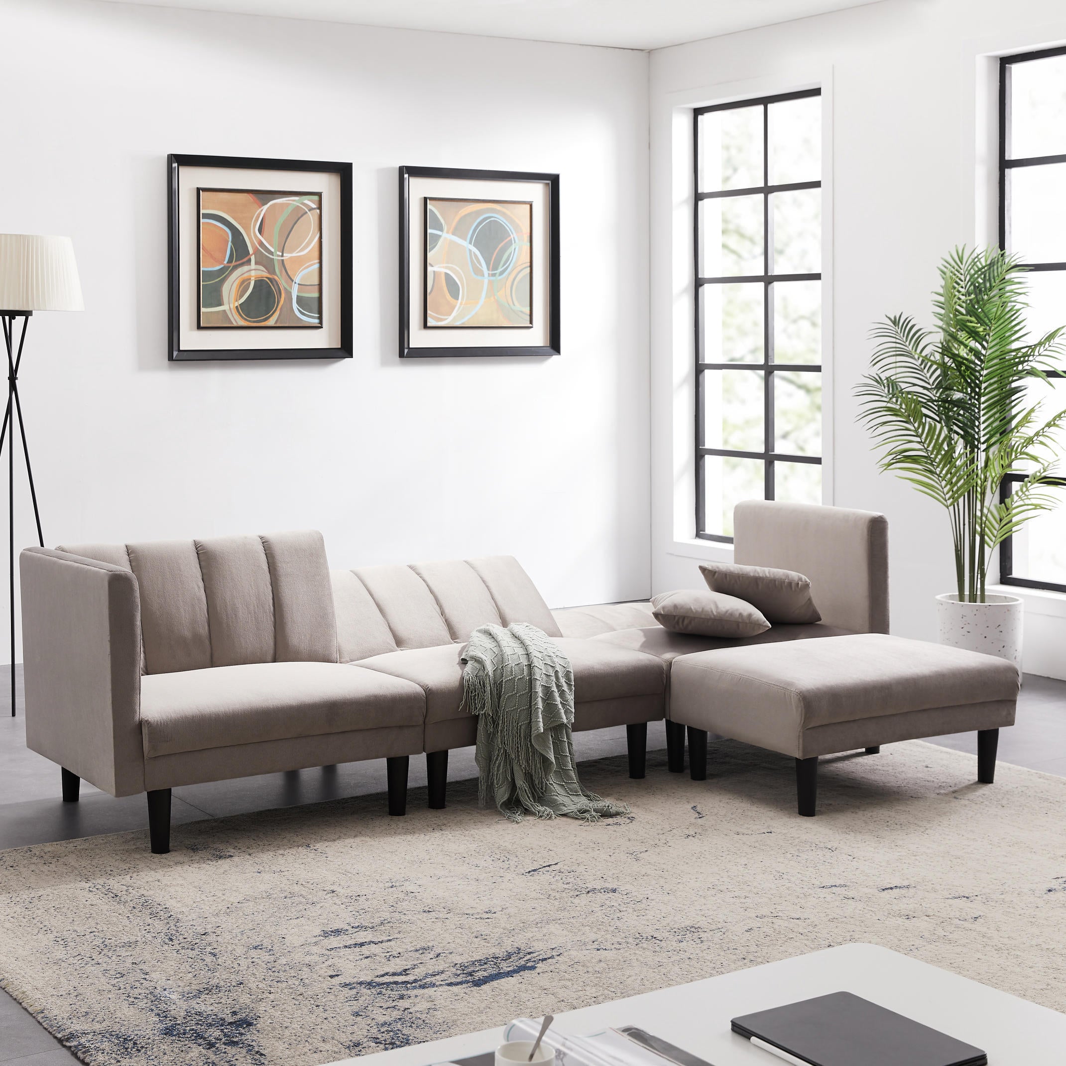 REVERSIBLE SECTIONAL SOFA SLEEPER WITH 2 PILLOWS LIGHT GREY VELVET(W223S00364) - Atlantic Fine Furniture Inc