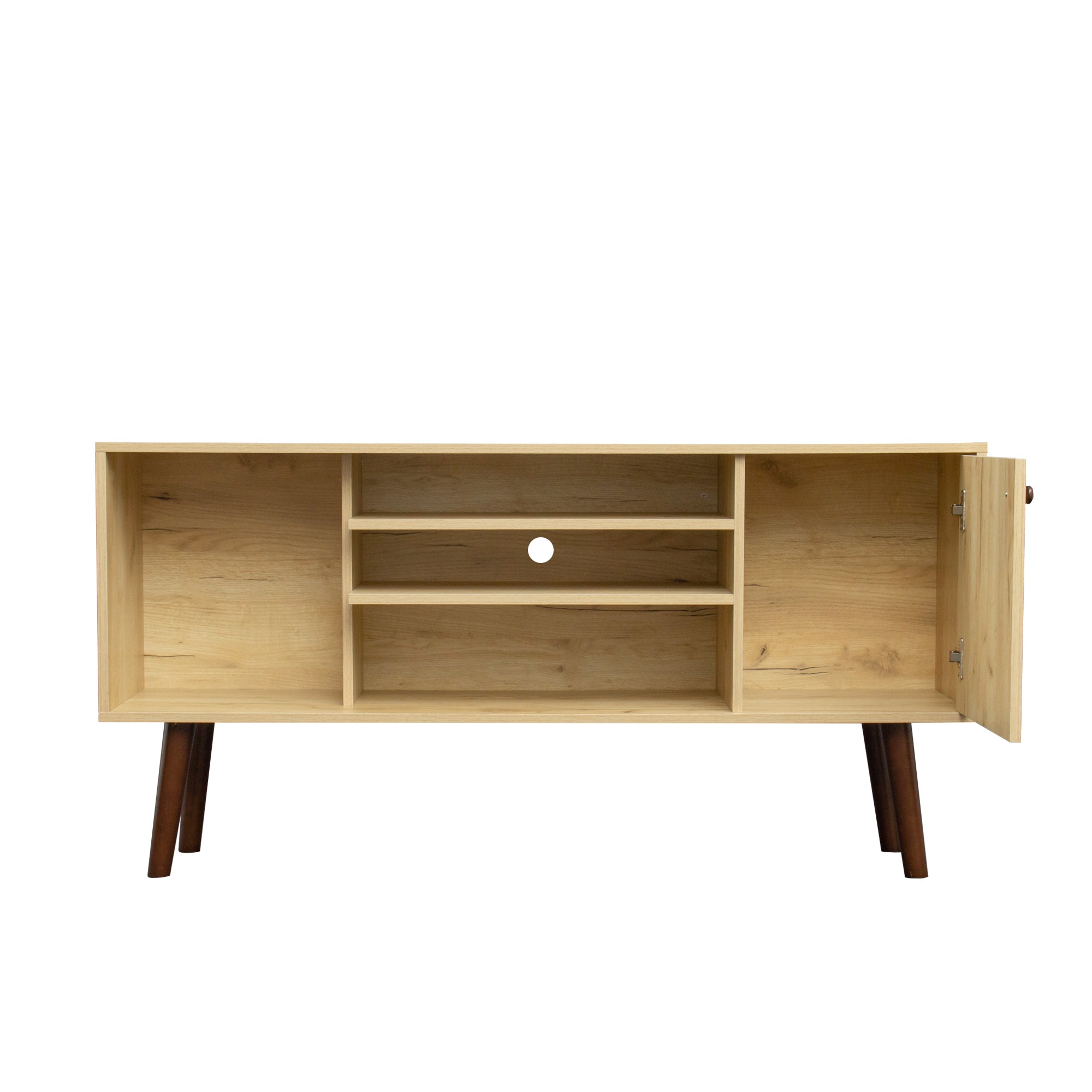 Mid-Century TV Stand for TVs up to 60 Inches, Entertainment Center with Open Storage Shelves & Cabinet, Modern TV Console for Living Room, Rustic Oak. - Atlantic Fine Furniture Inc
