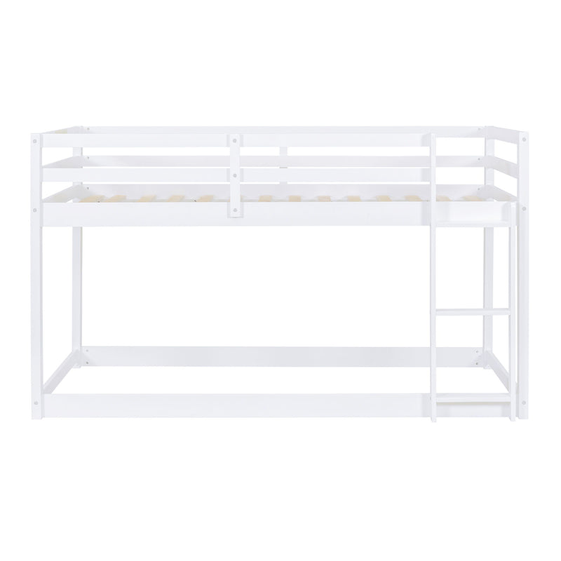 Twin Over Twin Floor Bunk Bed With Ladder - White