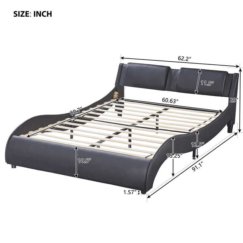 Queen Size Upholstered Faux Leather Platform Bed With LED Light Bed Frame With Slatted - Black
