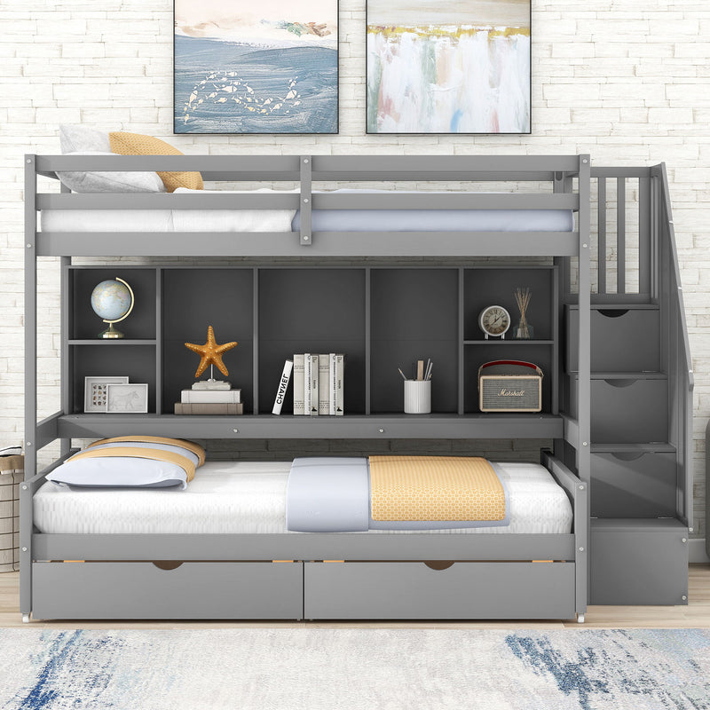 Twin Long Over Full Bunk Bed With Built-In Storage Shelves, Drawers And Staircase, Gray