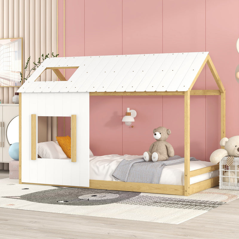 Twin Size House Bed With Roof And Window - White / Natural