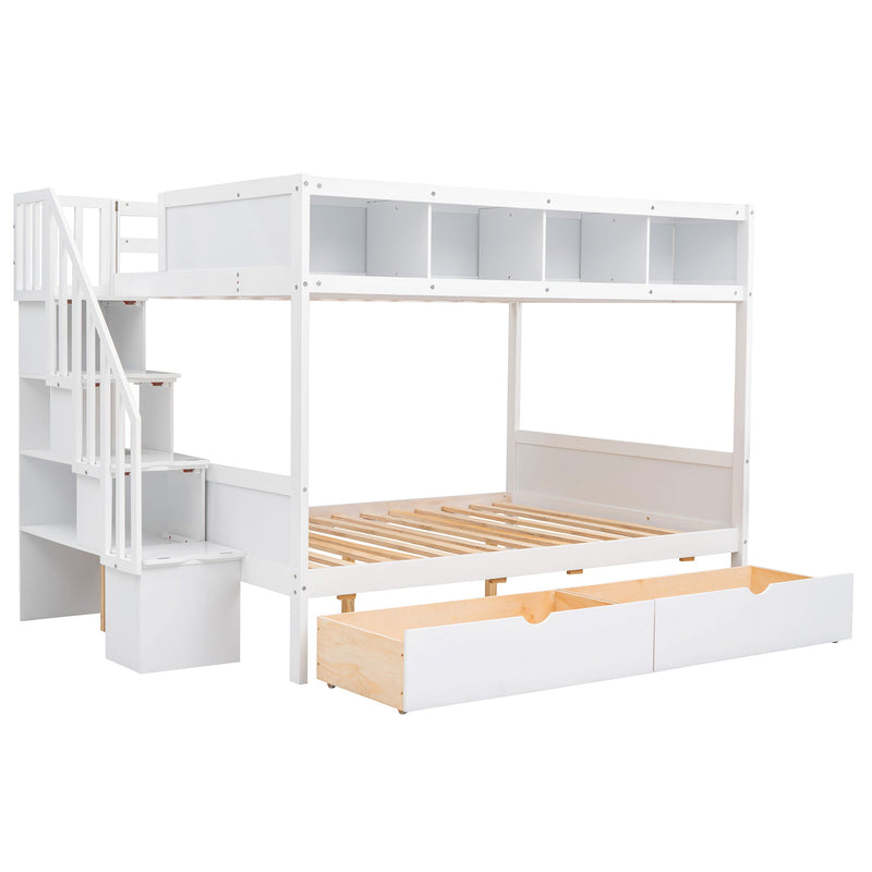Twin Over Full Bunk Bed With Shelfs, Storage Staircase And 2 Drawers - White