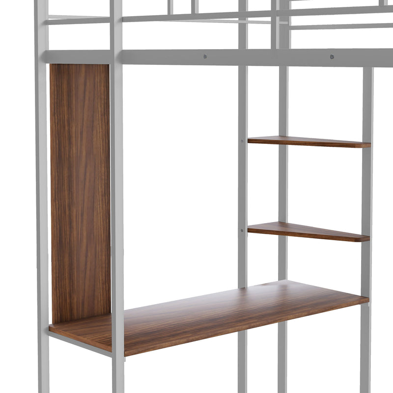 Twin Metal Loft Bed With 2 Shelves And One Desk, Silver