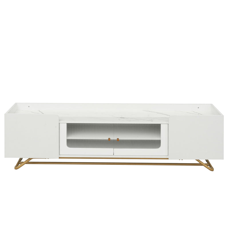 On-Trend Sleek Design TV Stand With Fluted Glass, Contemporary Entertainment Center For Tvs Up To 65", Faux Marble Top TV Console Table With Gold Frame Base, White