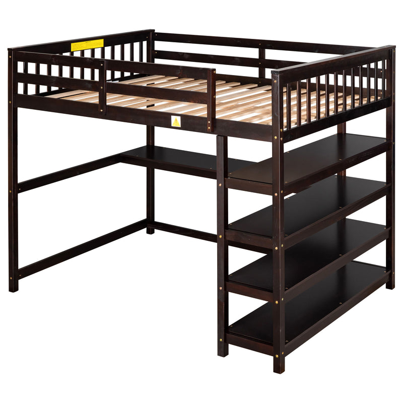 Full Size Loft Bed With Storage Shelves And Under - Bed Desk, Espresso