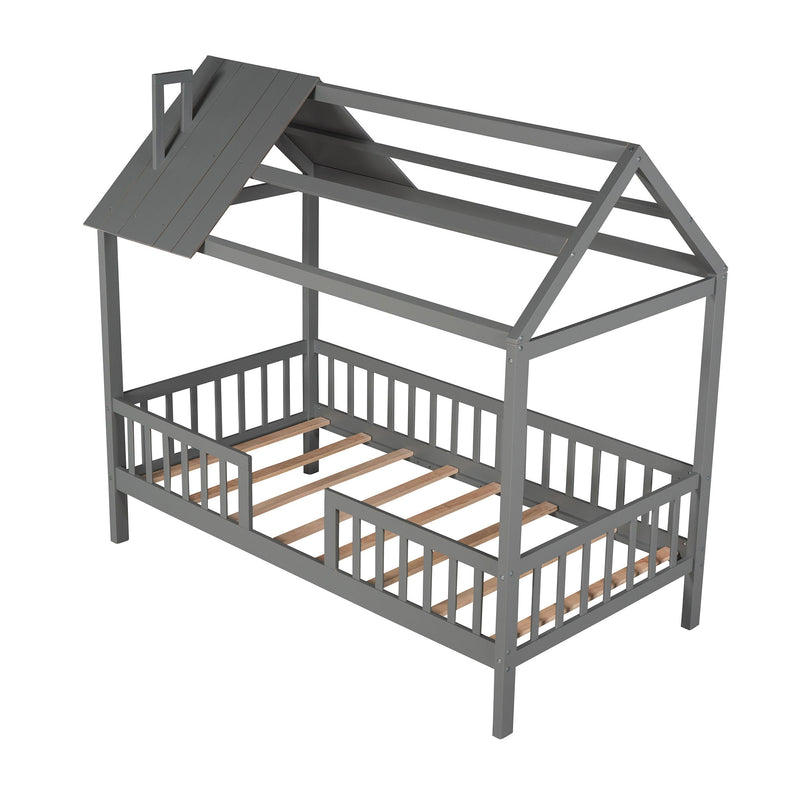 Twin Size Wood House Bed With Fence, Gray