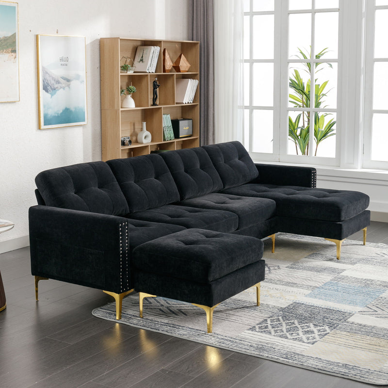 Shape Convertible Sectional Sofa Couch With Movable Ottoman For Living Room, Apartment, Office, Black