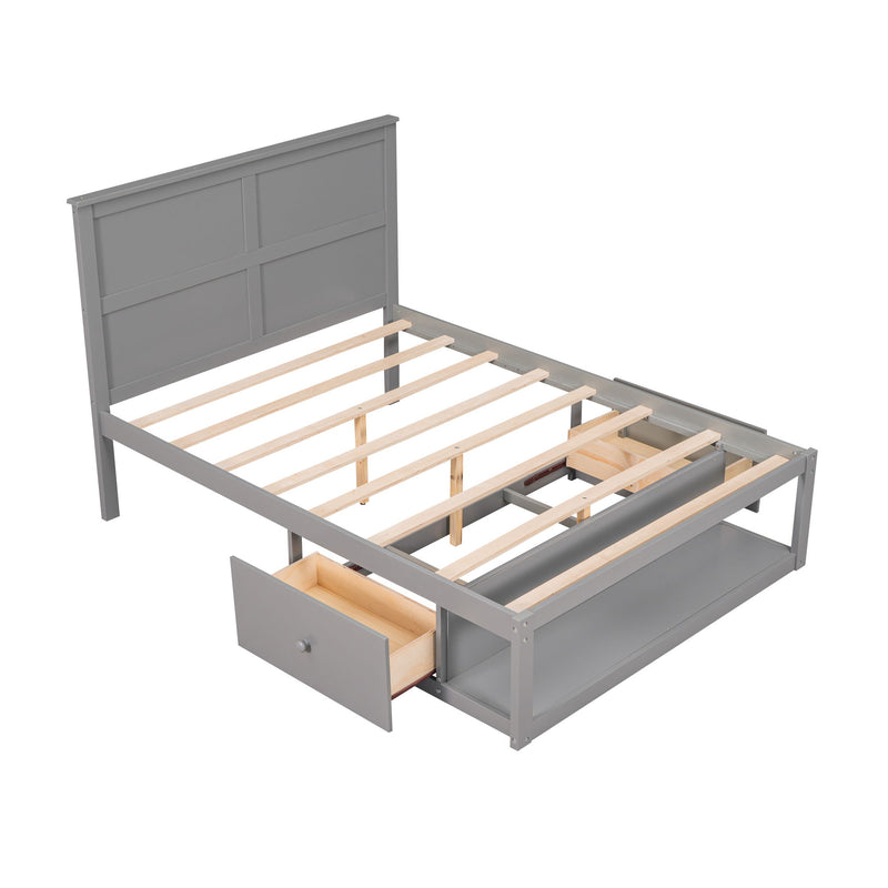 Full Size Platform Bed With Drawer On The Each Side And Shelf On The End Of The Bed, Gray