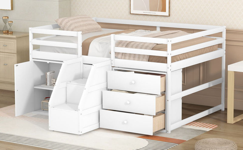 Full Size Functional Loft Bed With Cabinets And Drawers, Hanging Clothes At The Back Of The Staircase, White