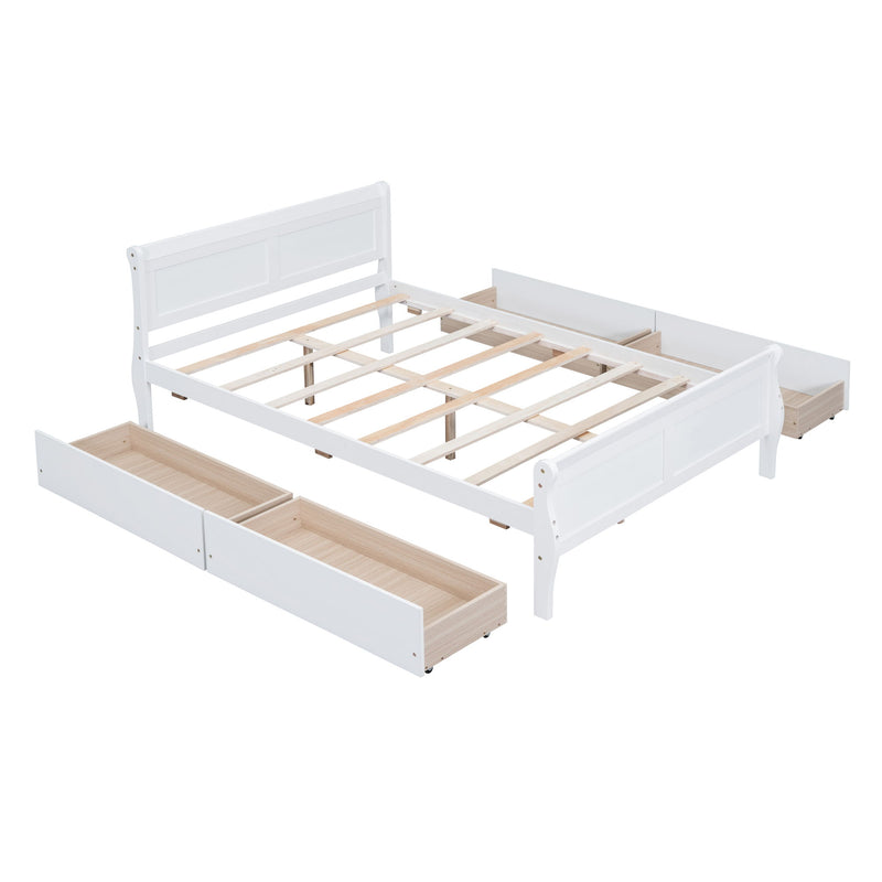 Full Size Wood Platform Bed With 4 Drawers And Streamlined Headboard & Footboard, White
