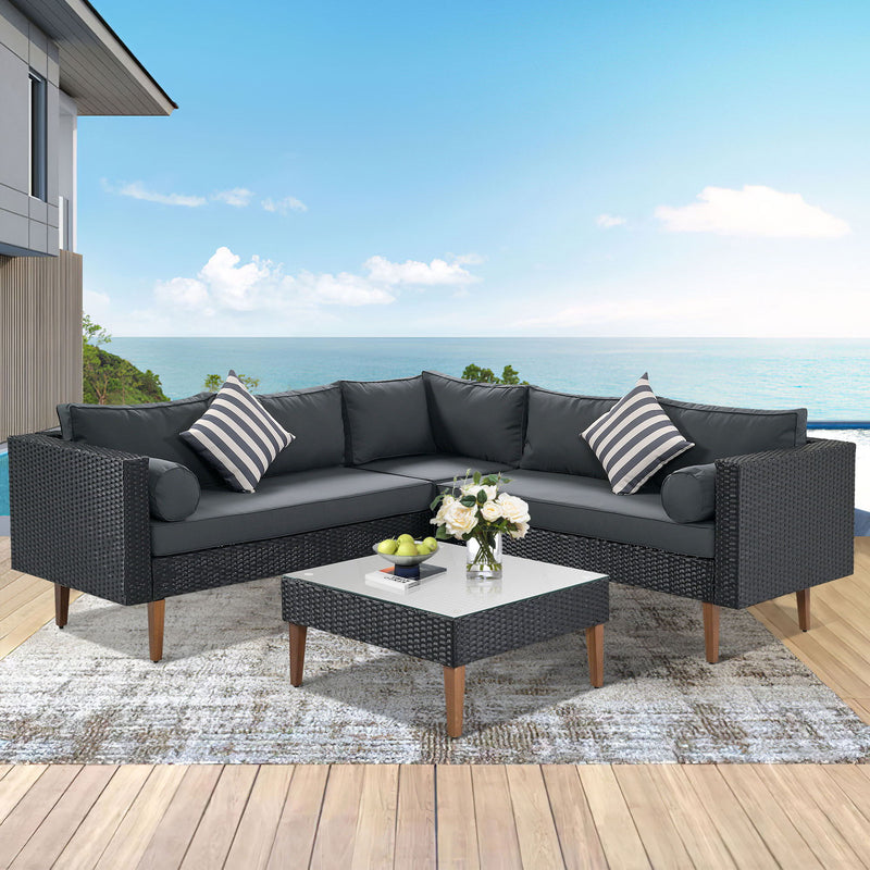 Go 4 Pieces Outdoor Wicker Sofa Set, Patio Furniture With Colorful Pillows, L-Shape Sofa Set, Gray Cushions And Black Rattan