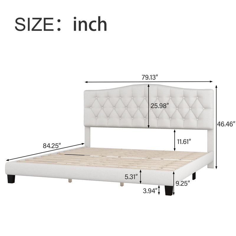 Upholstered Platform Bed With Saddle Curved Headboard And Diamond Tufted Details, King, Beige