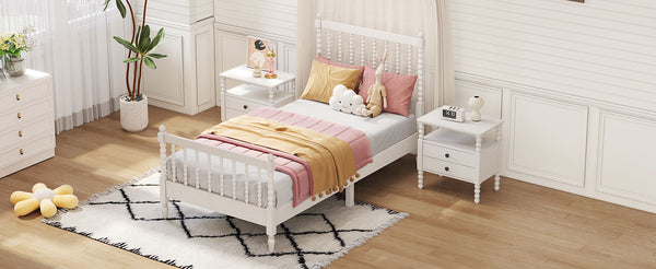 3 Pieces Bedroom Sets Twin Size Wood Platform Bed With Gourd Shaped Headboard And Footboard With 2 Nightstands, White