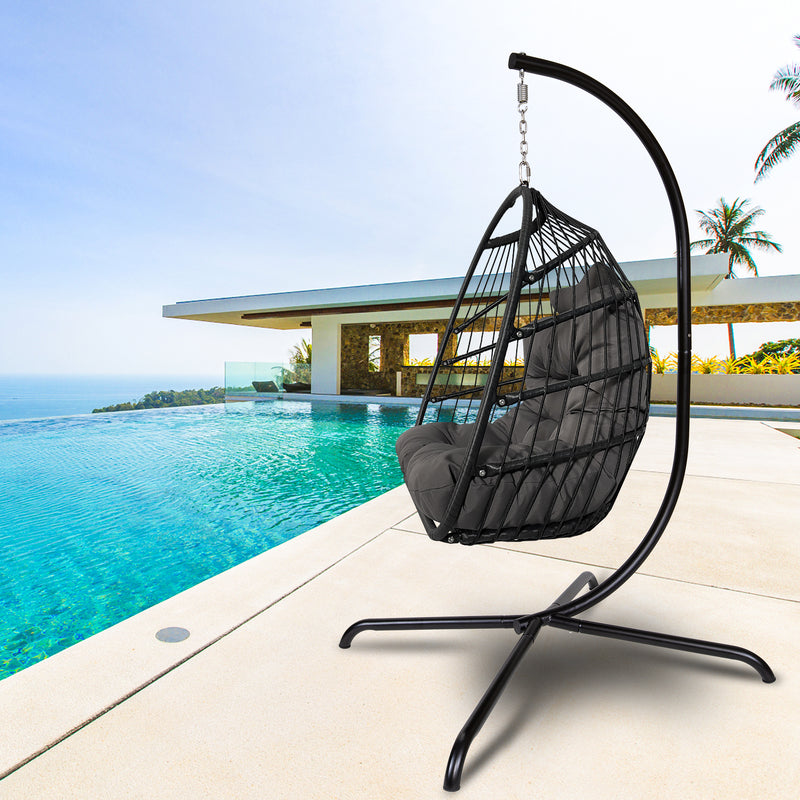 Swing Egg Chair with Stand Indoor Outdoor Wicker Rattan Patio Basket Hanging Chair with C Type bracket , with cushion and pillow,Patio Wicker folding Hanging Chair( Black New arrivals within 10 days) - Atlantic Fine Furniture Inc