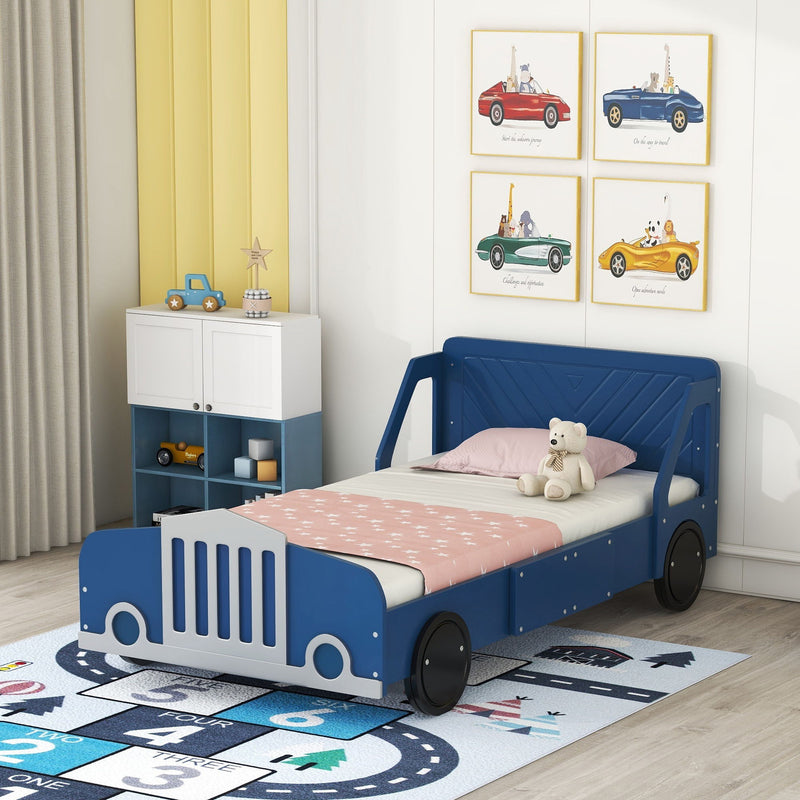 Twin Size Car-Shaped Platform Bed With Wheels, Blue
