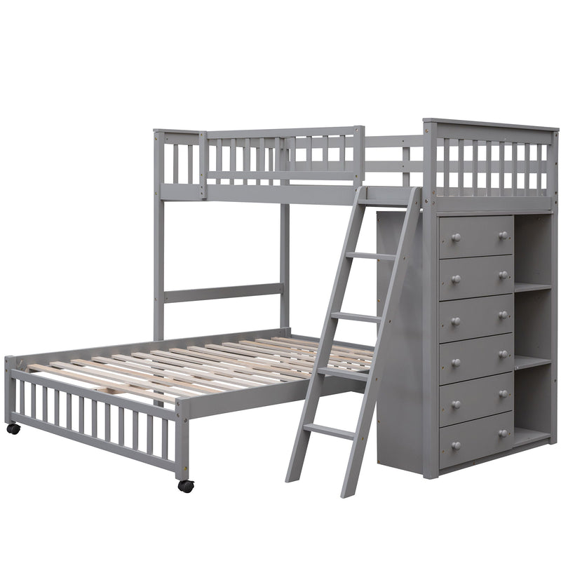 Wooden Twin Over Full Bunk Bed With Six Drawers And Flexible Shelves, Bottom Bed With Wheels, Gray