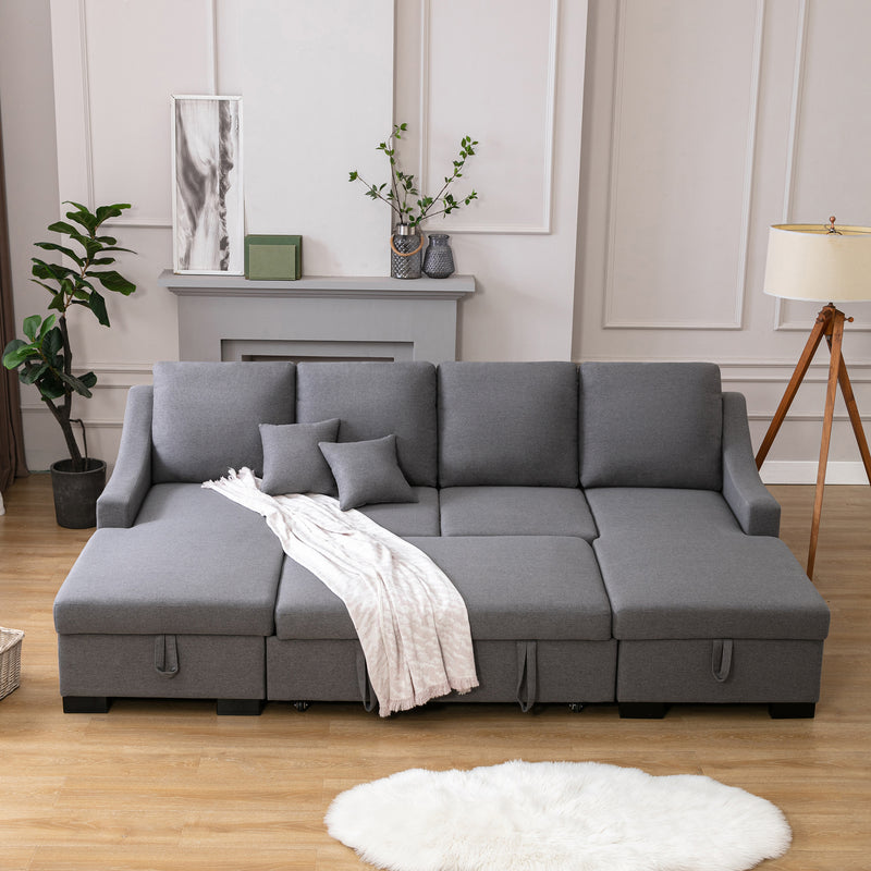 U_STYLE Upholstery Sleeper Sectional Sofa with Double Storage Spaces, 2 Tossing Cushions, Grey
