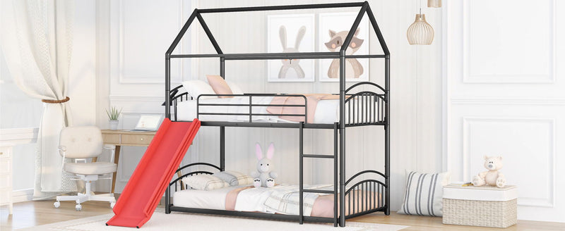 Twin Over Twin Metal Bunk Bed With Slide, Kids House Bed Black / Red