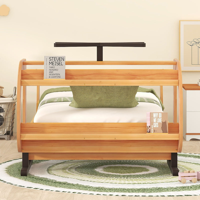 Twin Size Plane Shaped Platform Bed With Rotatable Propeller And Shelves, Natural